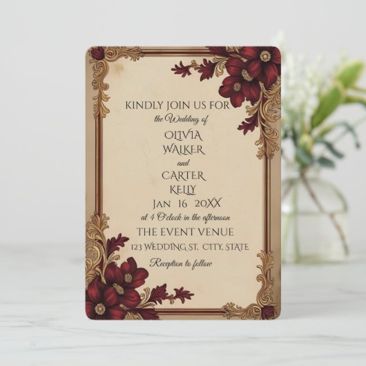  Bourgogne Floral Wedding Kaart (Staand voorkant)