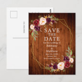 Bourgogne Floral Wood Geo Lijst Save the Date Briefkaart (Voorkant / Achterkant)