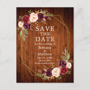 Bourgogne Floral Wood Geo Lijst Save the Date Briefkaart