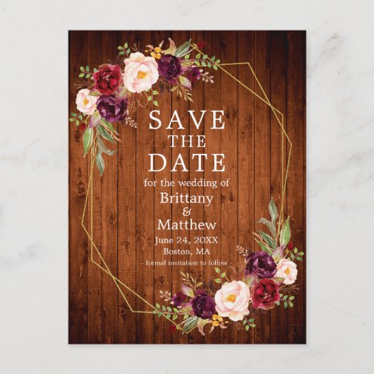 Bourgogne Floral Wood Geo Lijst Save the Date Briefkaart (Voorkant)