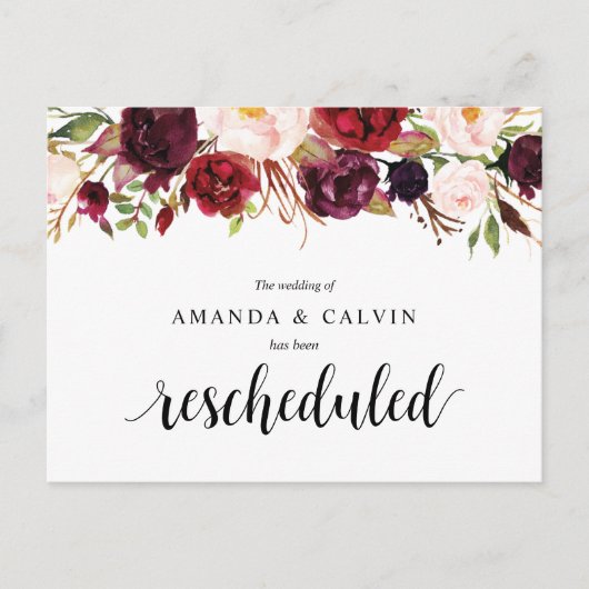 Bourgogne Florals Wedding Elopement hercheduled Briefkaart (Voorkant)