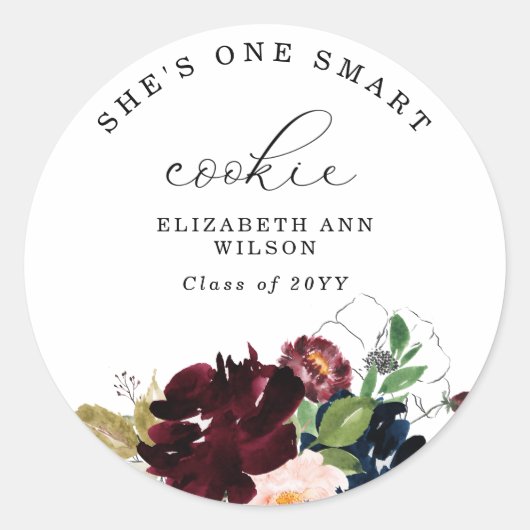 Bourgogne Florals Ze is een Smart Cookie Afstudere Ronde Sticker (Voorkant)