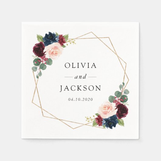 Bourgogne Flowers, marinevloeren, Florale bruiloft Servet (Voorkant)