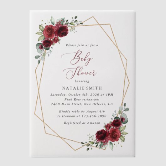 Bourgogne Flowers, Red Flowers, Baby shower Vellum Uitnodigingen (Voorkant)