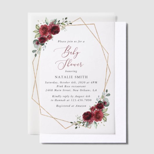 Bourgogne Flowers, Red Flowers, Baby shower Vellum Uitnodigingen (Offset)