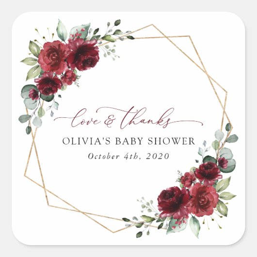 Bourgogne Flowers, Red Flowers, Baby shower Vierkante Sticker (Voorkant)