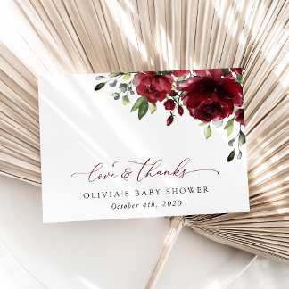 Bourgogne Flowers, Red Flowers, Boho, Baby shower Bedankkaart