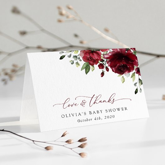 Bourgogne Flowers, Red Flowers, Boho, Baby shower Bedankkaart
