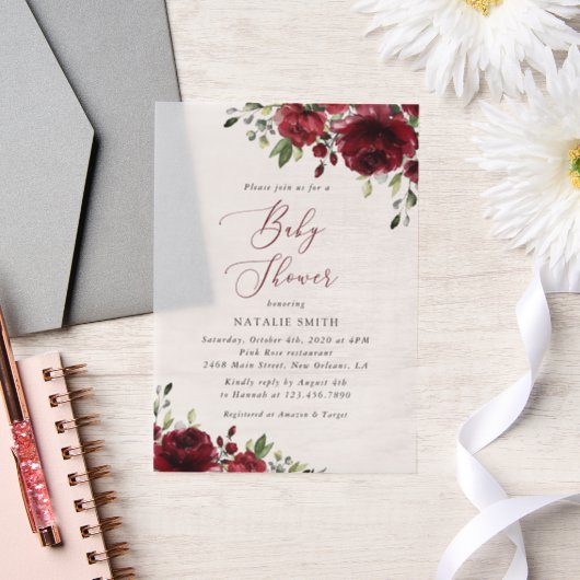 Bourgogne Flowers, Red Flowers, Boho, Baby shower Vellum Uitnodigingen (Huwelijk)