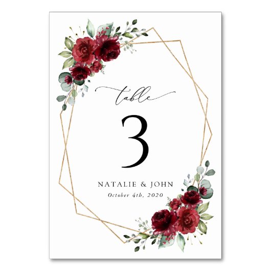 Bourgogne Flowers, Red Flowers, Boho, tabelnummers Kaart (Voorkant)