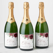 Bourgogne Flowers, Red Flowers, Boho, Vrijgezellen Sparkling Wijnetiket (Flessen)