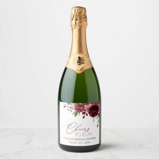 Bourgogne Flowers, Red Flowers, Boho, Vrijgezellen Sparkling Wijnetiket (Voorkant)