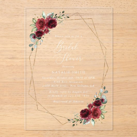 Bourgogne Flowers, Red Flowers, Vrijgezellenfeest Acryl Uitnodigingen (Voorkant)