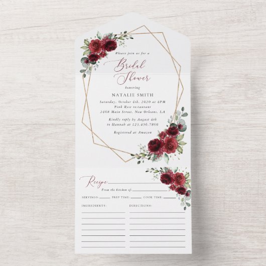 Bourgogne Flowers, Red Flowers, Vrijgezellenfeest All In One Uitnodiging (Binnen)