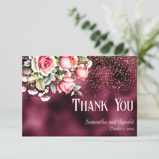Bourgogne Folie Gouden Glitter Bruiloft Dank u Kaa Kaart (Staand voorkant)