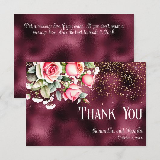 Bourgogne Folie Gouden Glitter Bruiloft Dank u Kaa Kaart (Voorkant / Achterkant)