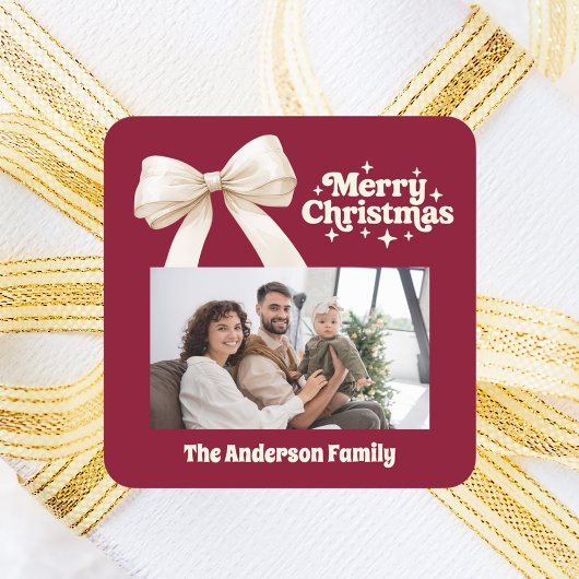 Bourgogne fotocrème boog retro Kerstmis Vierkante Sticker