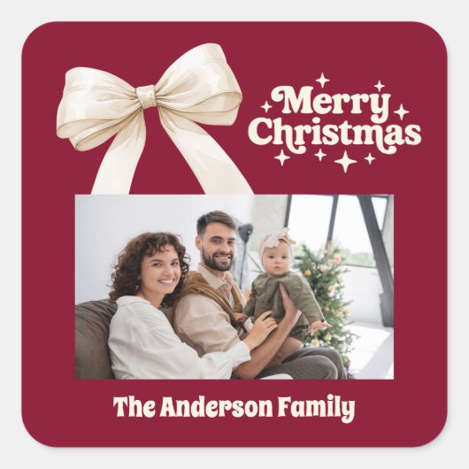 Bourgogne fotocrème boog retro Kerstmis Vierkante Sticker (Voorkant)