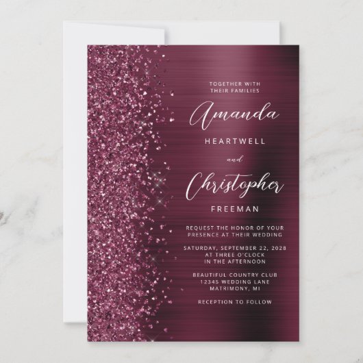 Bourgogne geborsteld metalen glitter script bruilo kaart (Voorkant)