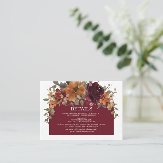 Bourgogne gebrande Sinaasappel Roest Bloemen Trouw Informatiekaartje (Staand voorkant)