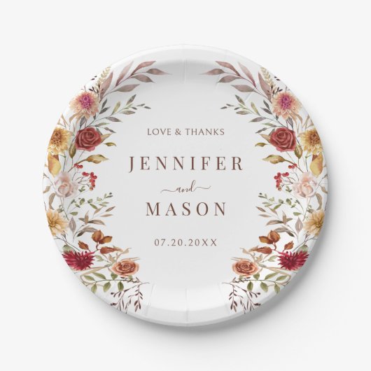 Bourgogne Gedroogde Bloemkrans Herfst Bruiloft in  Papieren Bordje (Voorkant)