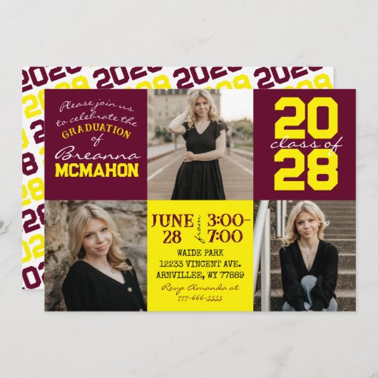 Bourgogne & Geel 3 Foto Afstuderen Uitnodiging (Voorkant / Achterkant)