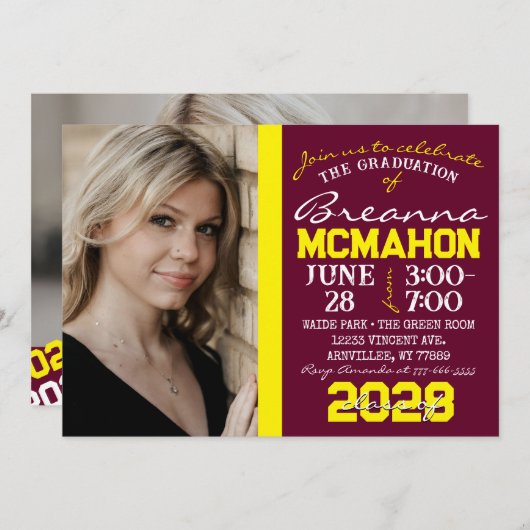 Bourgogne & Geel Afstuderen 2 Fotouitnodiging Kaart (Voorkant / Achterkant)