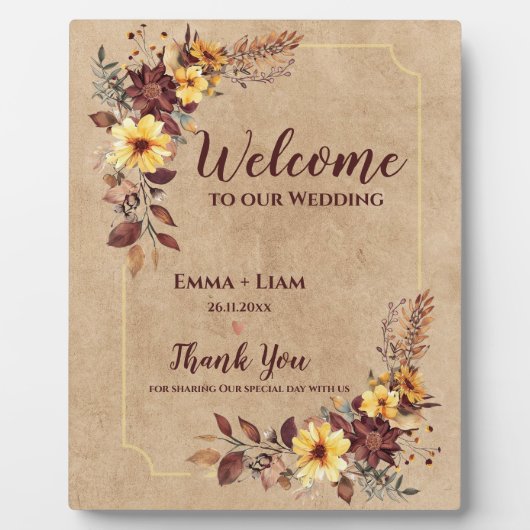 Bourgogne gele bloem Welkom op onze bruiloft Fotoplaat (Voorkant)