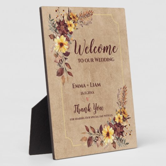 Bourgogne gele bloem Welkom op onze bruiloft Fotoplaat (Zijkant)