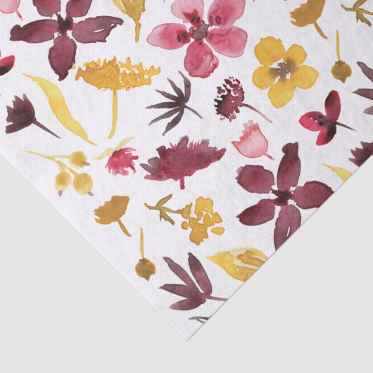 Bourgogne Gele Waterverf Wildflowers Pattern Tissuepapier (Detail)