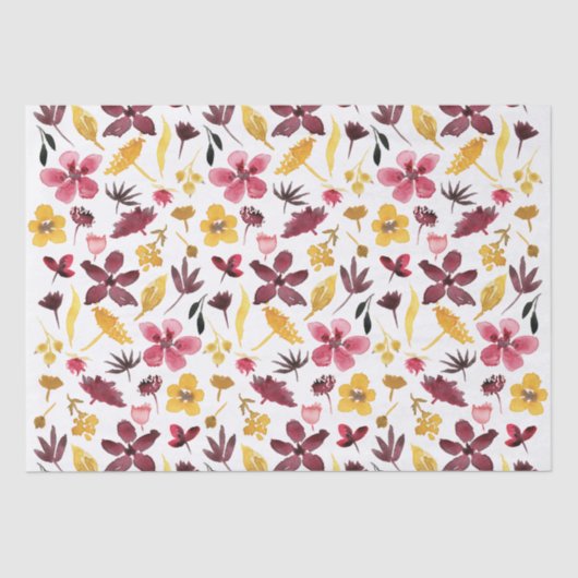 Bourgogne Gele Waterverf Wildflowers Pattern Tissuepapier (Voorkant)
