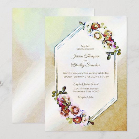 Bourgogne Geometrische Bloemen Waterverf bruiloft Kaart (Voorkant / Achterkant)