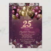 Bourgogne Glitter Ballonnen Bloemen 25e Verjaardag Kaart (Voorkant / Achterkant)