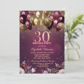 Bourgogne Glitter Ballonnen Bloemen 30e Verjaardag Kaart (Staand voorkant)