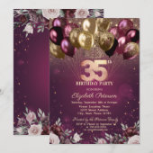 Bourgogne Glitter Ballonnen Bloemen 35e Verjaardag Kaart (Voorkant / Achterkant)