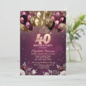 Bourgogne Glitter Ballonnen Bloemen 40e Verjaardag Kaart (Staand voorkant)