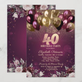 Bourgogne Glitter Ballonnen Bloemen 40e Verjaardag Kaart (Voorkant / Achterkant)