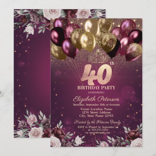 Bourgogne Glitter Ballonnen Bloemen 40e Verjaardag Kaart (Voorkant / Achterkant)