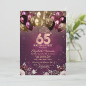 Bourgogne Glitter Ballonnen Bloemen 65e Verjaardag Kaart (Staand voorkant)