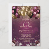 Bourgogne Glitter Ballonnen Bloemen 75e Verjaardag Kaart (Voorkant)