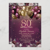 Bourgogne Glitter Ballonnen Bloemen 80e Verjaardag Kaart (Voorkant / Achterkant)
