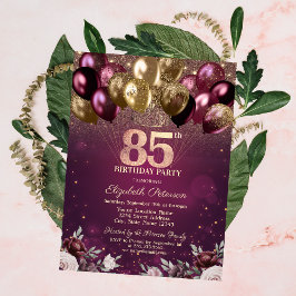 Bourgogne Glitter Ballonnen Bloemen 85e Verjaardag Kaart