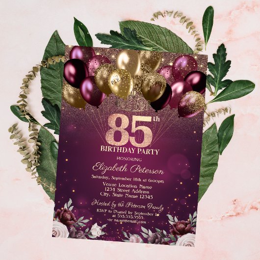 Bourgogne Glitter Ballonnen Bloemen 85e Verjaardag Kaart