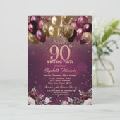 Bourgogne Glitter Ballonnen Bloemen 90e Verjaardag Kaart (Staand voorkant)