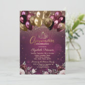 Bourgogne Glitter Ballonnen Bloemen Quinceañera Kaart (Staand voorkant)