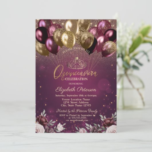 Bourgogne Glitter Ballonnen Bloemen Quinceañera Kaart (Staand voorkant)