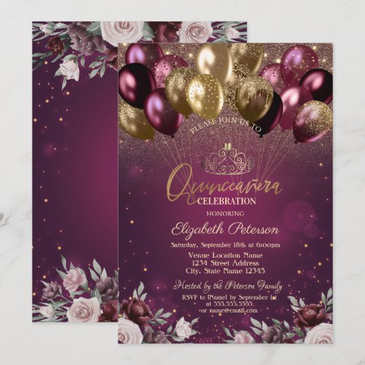 Bourgogne Glitter Ballonnen Bloemen Quinceañera Kaart (Voorkant / Achterkant)