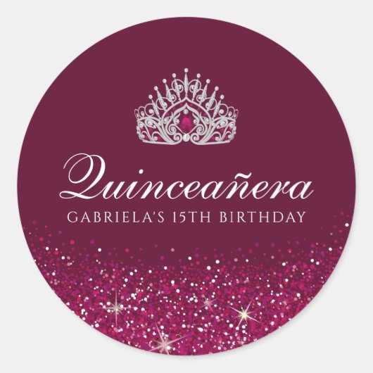 Bourgogne Glitter Quinceanera Ronde Sticker (Voorkant)