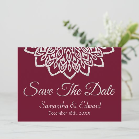 Bourgogne Glitter Silver Elegant Save the Date Kaa (Staand voorkant)