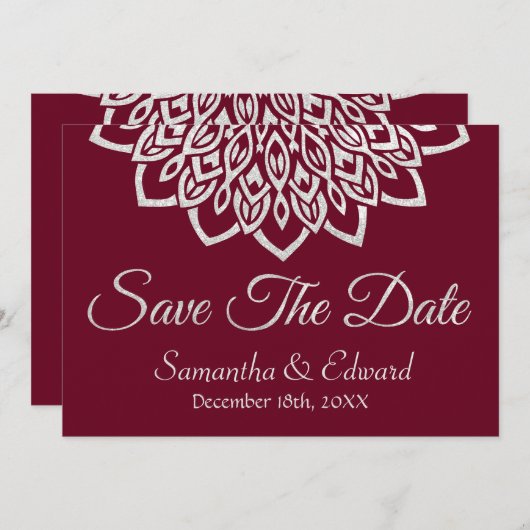 Bourgogne Glitter Silver Elegant Save the Date Kaa (Voorkant / Achterkant)